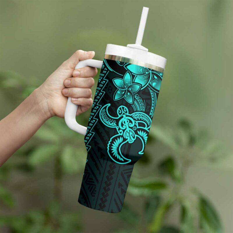 Aqua Hawaiian Kakau Turtle Polynesian Tribal Custom Stanley Quencher 40oz Stainless Steel Tumbler With Handle - Threewoofs - Image 3