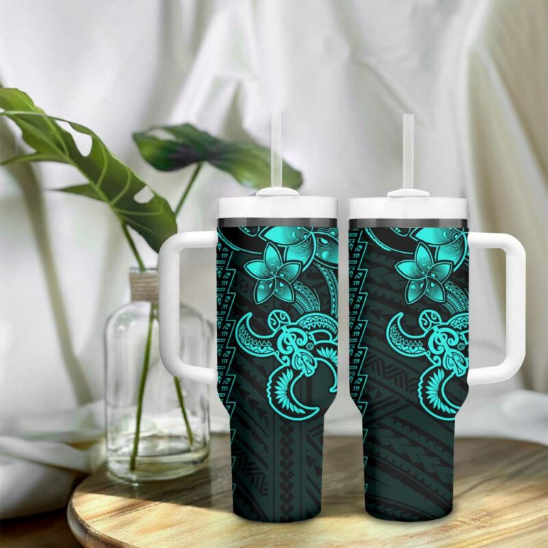 Aqua Hawaiian Kakau Turtle Polynesian Tribal Custom Stanley Quencher 40oz Stainless Steel Tumbler With Handle - Threewoofs - Image 9