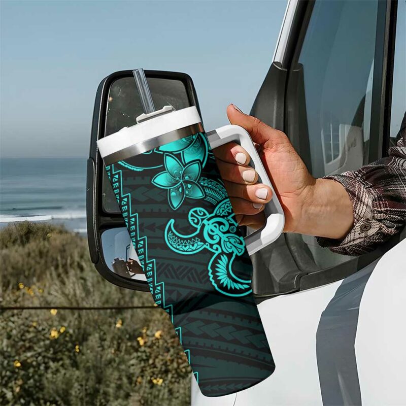 Aqua Hawaiian Kakau Turtle Polynesian Tribal Custom Stanley Quencher 40oz Stainless Steel Tumbler With Handle - Threewoofs - Image 7