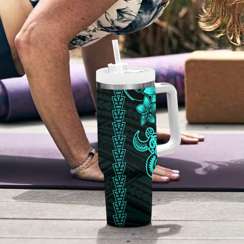 Aqua Hawaiian Kakau Turtle Polynesian Tribal Custom Stanley Quencher 40oz Stainless Steel Tumbler With Handle - Threewoofs - Image 6