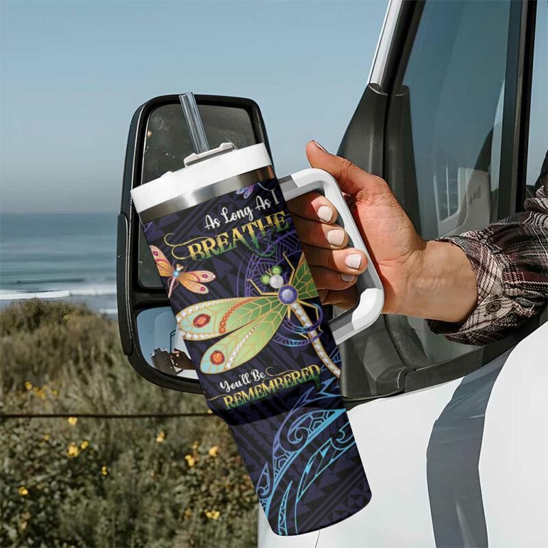 As Long As I Breathe You‚Äôll Be Remembered Dragonflies Memorial Polynesian Custom Stanley Quencher 40oz Stainless Steel Tumbler With Handle - Threewoofs - Image 7