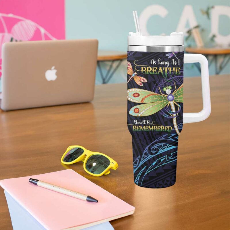 As Long As I Breathe You‚Äôll Be Remembered Dragonflies Memorial Polynesian Custom Stanley Quencher 40oz Stainless Steel Tumbler With Handle - Threewoofs - Image 5