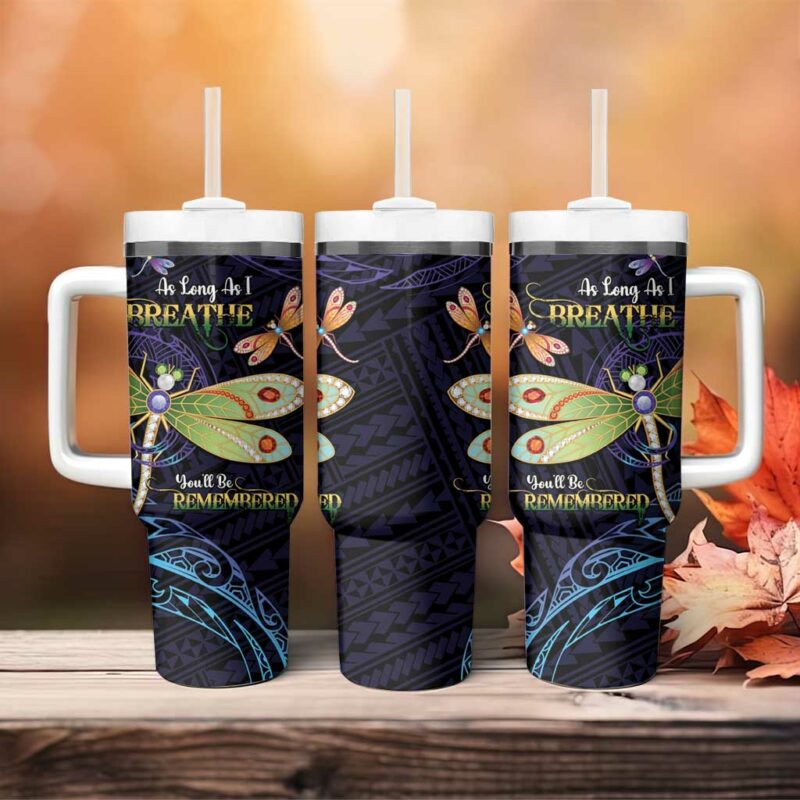 As Long As I Breathe You‚Äôll Be Remembered Dragonflies Memorial Polynesian Custom Stanley Quencher 40oz Stainless Steel Tumbler With Handle - Threewoofs - Image 4