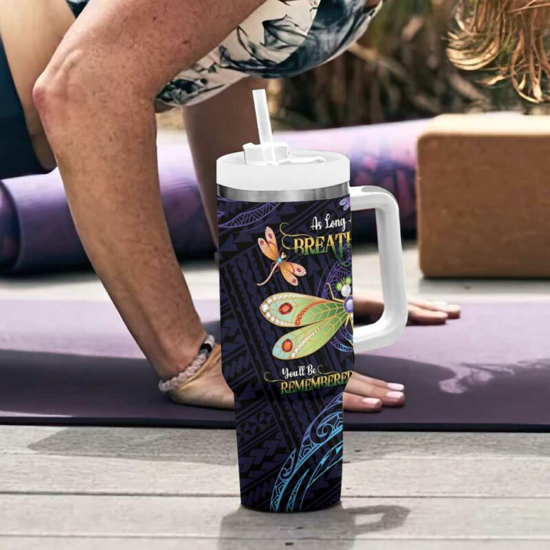 As Long As I Breathe You‚Äôll Be Remembered Dragonflies Memorial Polynesian Custom Stanley Quencher 40oz Stainless Steel Tumbler With Handle - Threewoofs - Image 6