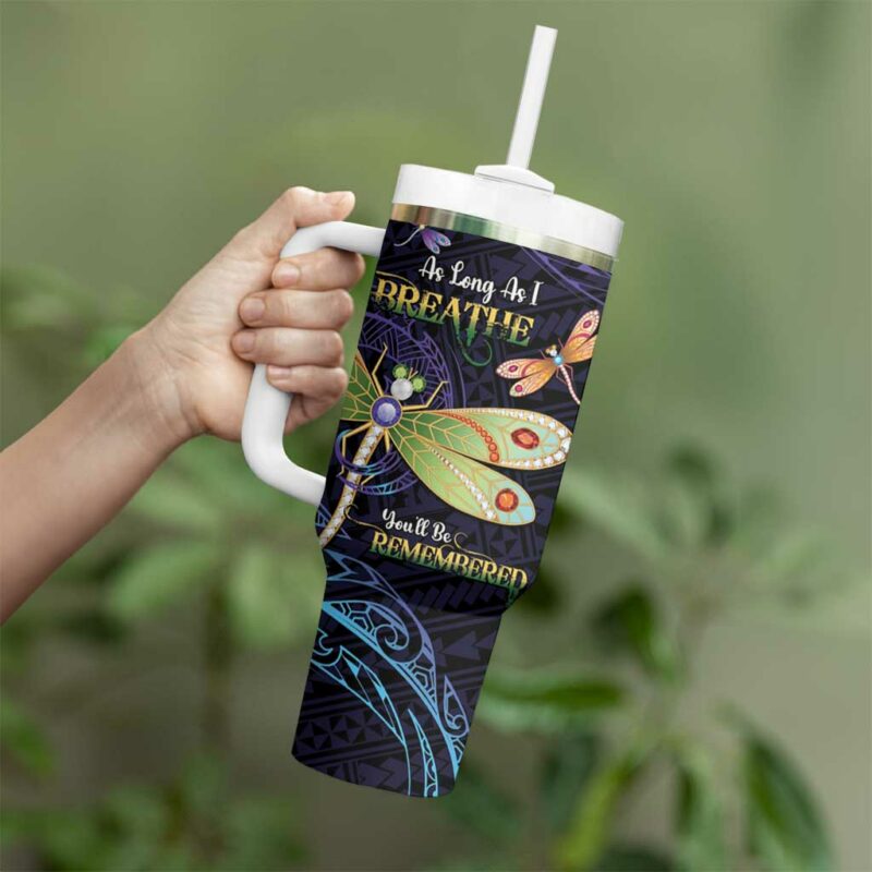 As Long As I Breathe You‚Äôll Be Remembered Dragonflies Memorial Polynesian Custom Stanley Quencher 40oz Stainless Steel Tumbler With Handle - Threewoofs - Image 3