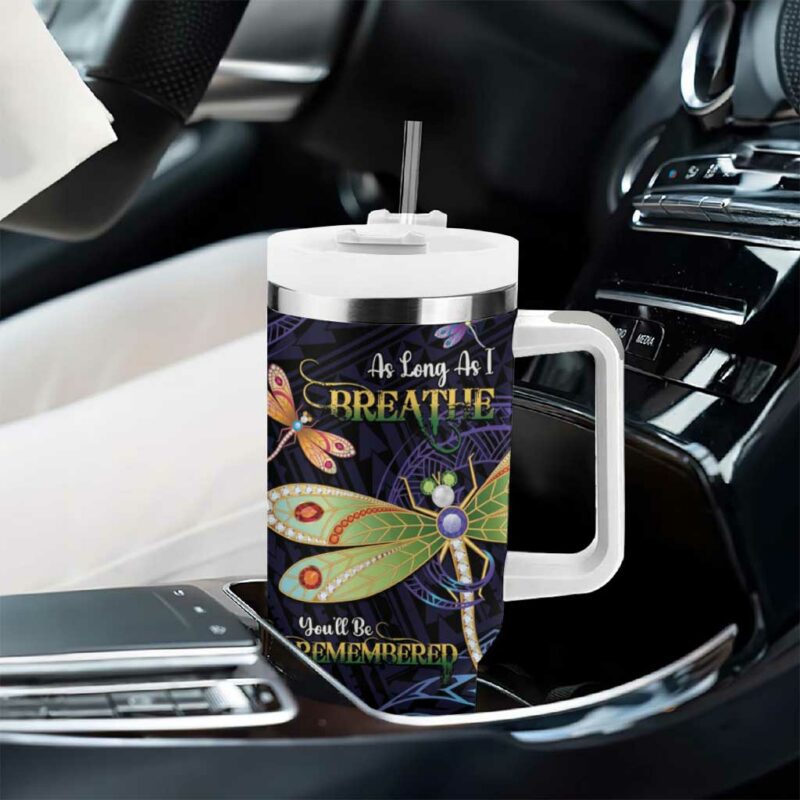 As Long As I Breathe You‚Äôll Be Remembered Dragonflies Memorial Polynesian Custom Stanley Quencher 40oz Stainless Steel Tumbler With Handle - Threewoofs - Image 8