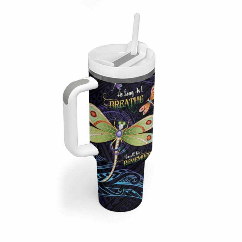 As Long As I Breathe You‚Äôll Be Remembered Dragonflies Memorial Polynesian Custom Stanley Quencher 40oz Stainless Steel Tumbler With Handle - Threewoofs - Image 2