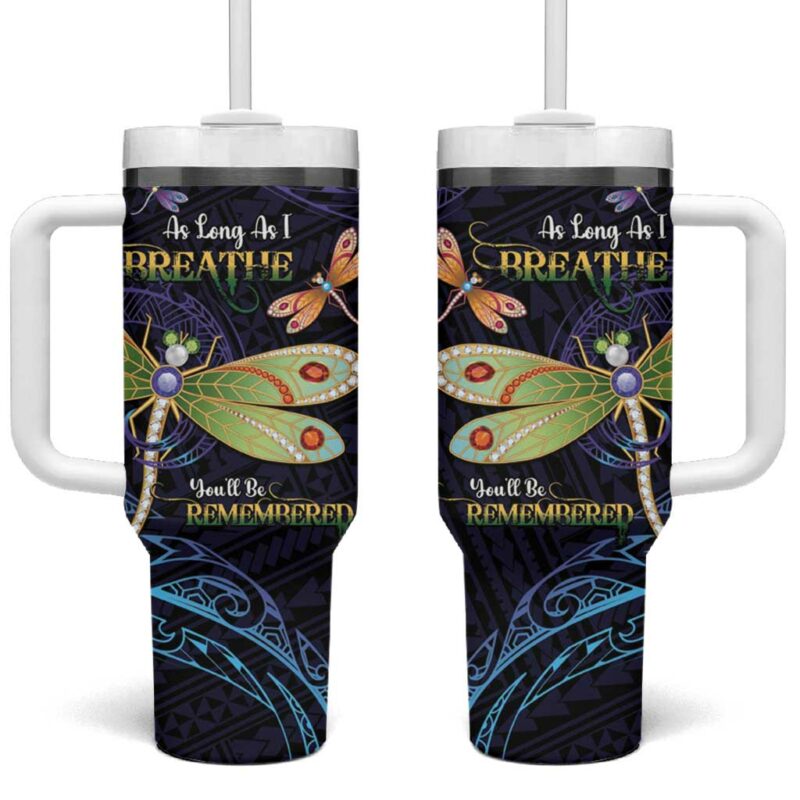 As Long As I Breathe You‚Äôll Be Remembered Dragonflies Memorial Polynesian Custom Stanley Quencher 40oz Stainless Steel Tumbler With Handle - Threewoofs