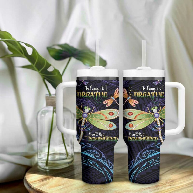 As Long As I Breathe You‚Äôll Be Remembered Dragonflies Memorial Polynesian Custom Stanley Quencher 40oz Stainless Steel Tumbler With Handle - Threewoofs - Image 9