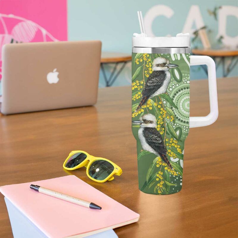 Aussie Kokaburra Golden Wattle Aboriginal with National Color Custom Stanley Quencher 40oz Stainless Steel Tumbler With Handle - Threewoofs - Image 5