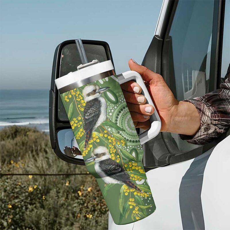 Aussie Kokaburra Golden Wattle Aboriginal with National Color Custom Stanley Quencher 40oz Stainless Steel Tumbler With Handle - Threewoofs - Image 7