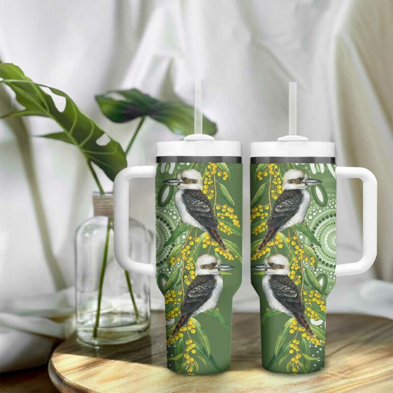 Aussie Kokaburra Golden Wattle Aboriginal with National Color Custom Stanley Quencher 40oz Stainless Steel Tumbler With Handle - Threewoofs - Image 9