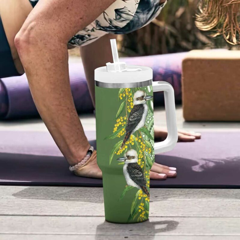 Aussie Kokaburra Golden Wattle Aboriginal with National Color Custom Stanley Quencher 40oz Stainless Steel Tumbler With Handle - Threewoofs - Image 6