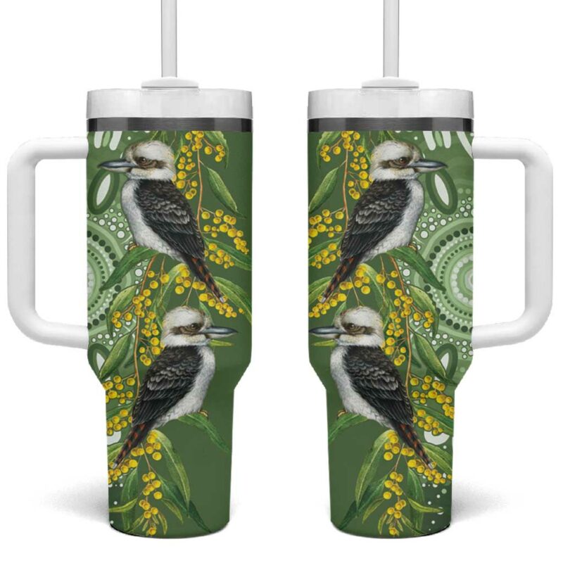 Aussie Kokaburra Golden Wattle Aboriginal with National Color Custom Stanley Quencher 40oz Stainless Steel Tumbler With Handle - Threewoofs - Image 2