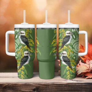 Aussie Kokaburra Golden Wattle Aboriginal with National Color Custom Stanley Quencher 40oz Stainless Steel Tumbler With Handle - Threewoofs