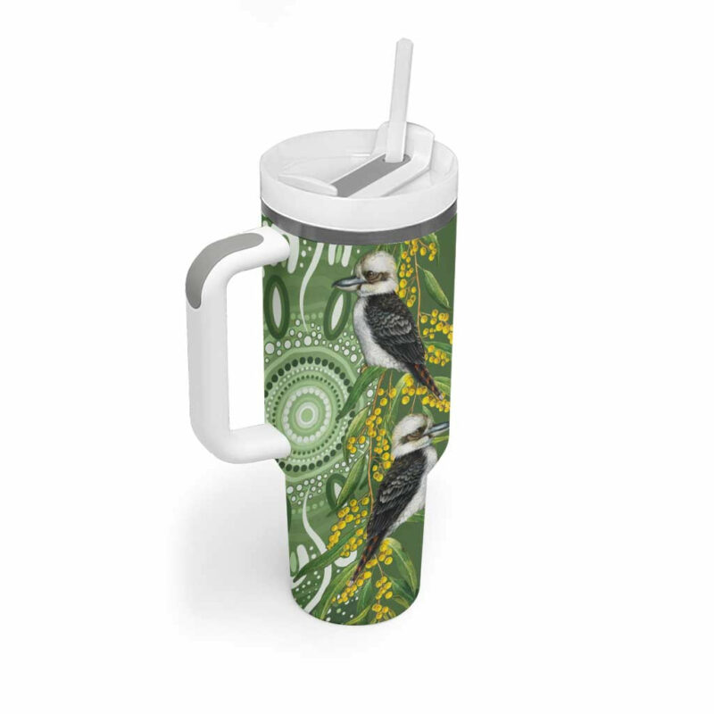 Aussie Kokaburra Golden Wattle Aboriginal with National Color Custom Stanley Quencher 40oz Stainless Steel Tumbler With Handle - Threewoofs - Image 3