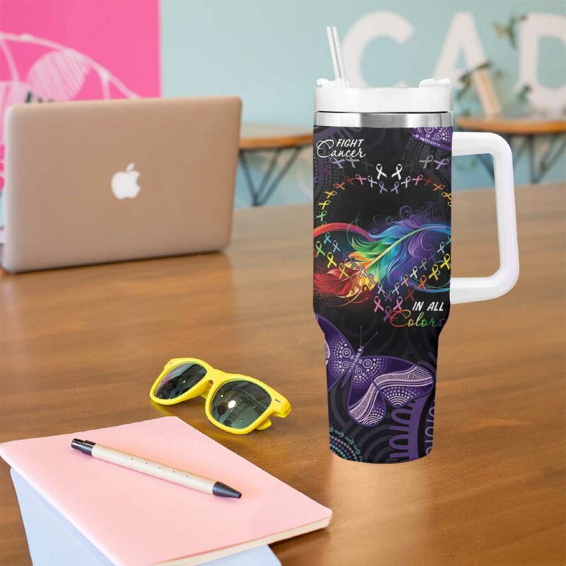 Australia Aboriginal Dot Arts Fight Cancer In All Colors Custom Stanley Quencher 40oz Stainless Steel Tumbler With Handle - Threewoofs - Image 5