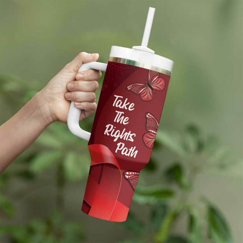 Australia AIDS Awareness Month Take The Rights Path Aboriginal Art Custom Stanley Quencher 40oz Stainless Steel Tumbler With Handle - Threewoofs - Image 4
