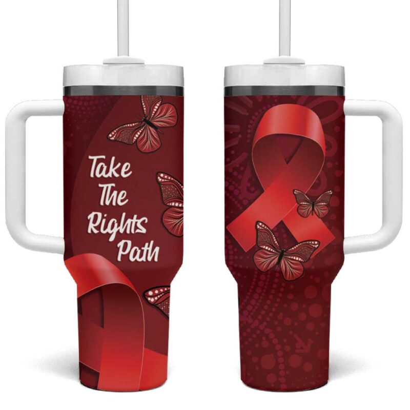 Australia AIDS Awareness Month Take The Rights Path Aboriginal Art Custom Stanley Quencher 40oz Stainless Steel Tumbler With Handle - Threewoofs - Image 2