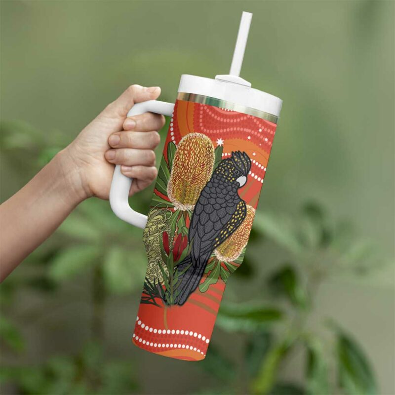 Australia Banksia With Black Cockatoo Aboriginal Art Custom Stanley Quencher 40oz Stainless Steel Tumbler With Handle - Threewoofs - Image 4