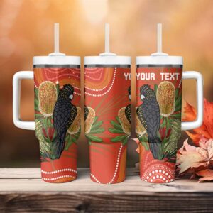 Australia Banksia With Black Cockatoo Aboriginal Art Custom Stanley Quencher 40oz Stainless Steel Tumbler With Handle - Threewoofs