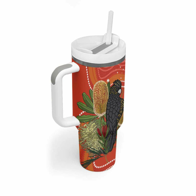 Australia Banksia With Black Cockatoo Aboriginal Art Custom Stanley Quencher 40oz Stainless Steel Tumbler With Handle - Threewoofs - Image 3