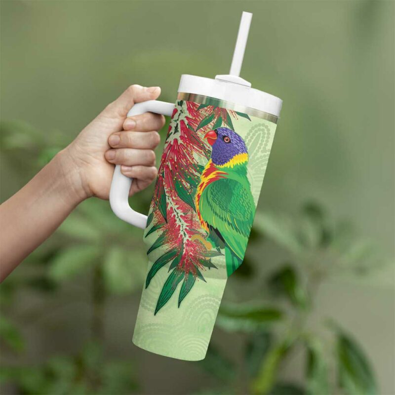 Australia Bottlebrush And Lorikeets Aboriginal Art ‚Äì Watercolor Style Custom Stanley Quencher 40oz Stainless Steel Tumbler With Handle - Threewoofs - Image 4