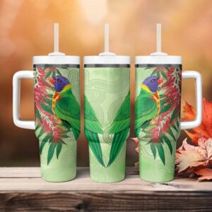Australia Bottlebrush And Lorikeets Aboriginal Art ‚Äì Watercolor Style Custom Stanley Quencher 40oz Stainless Steel Tumbler With Handle - Threewoofs
