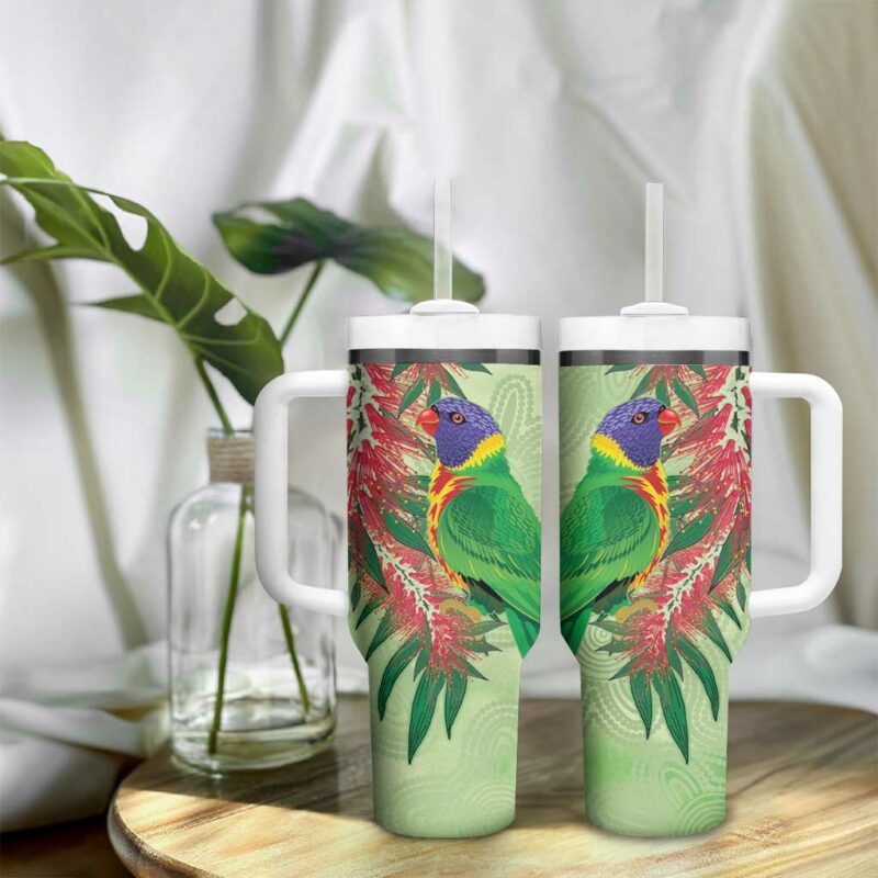 Australia Bottlebrush And Lorikeets Aboriginal Art ‚Äì Watercolor Style Custom Stanley Quencher 40oz Stainless Steel Tumbler With Handle - Threewoofs - Image 9