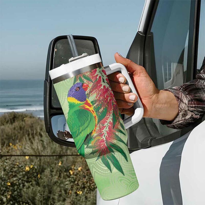 Australia Bottlebrush And Lorikeets Aboriginal Art ‚Äì Watercolor Style Custom Stanley Quencher 40oz Stainless Steel Tumbler With Handle - Threewoofs - Image 7