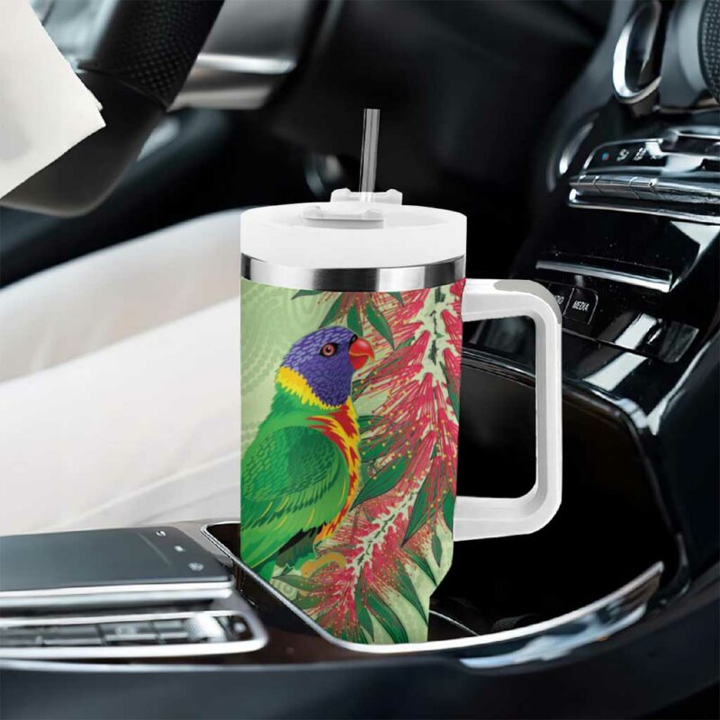 Australia Bottlebrush And Lorikeets Aboriginal Art ‚Äì Watercolor Style Custom Stanley Quencher 40oz Stainless Steel Tumbler With Handle - Threewoofs - Image 8