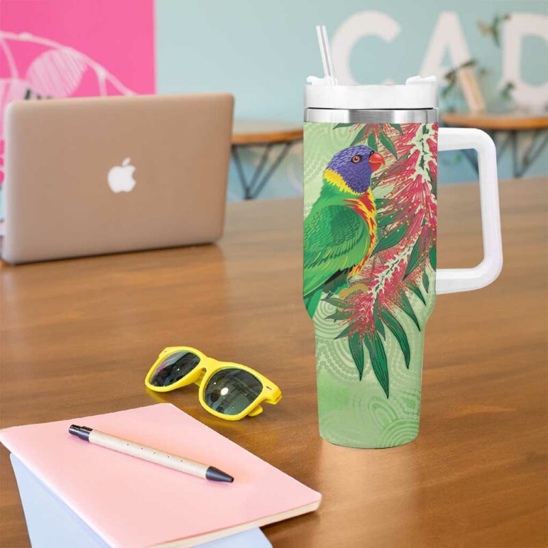 Australia Bottlebrush And Lorikeets Aboriginal Art ‚Äì Watercolor Style Custom Stanley Quencher 40oz Stainless Steel Tumbler With Handle - Threewoofs - Image 5