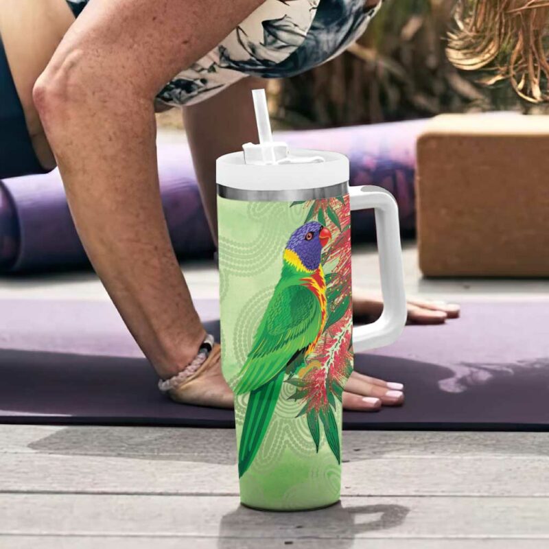 Australia Bottlebrush And Lorikeets Aboriginal Art ‚Äì Watercolor Style Custom Stanley Quencher 40oz Stainless Steel Tumbler With Handle - Threewoofs - Image 6