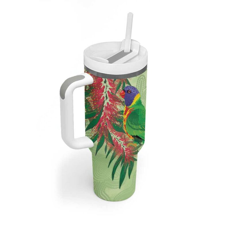 Australia Bottlebrush And Lorikeets Aboriginal Art ‚Äì Watercolor Style Custom Stanley Quencher 40oz Stainless Steel Tumbler With Handle - Threewoofs - Image 3