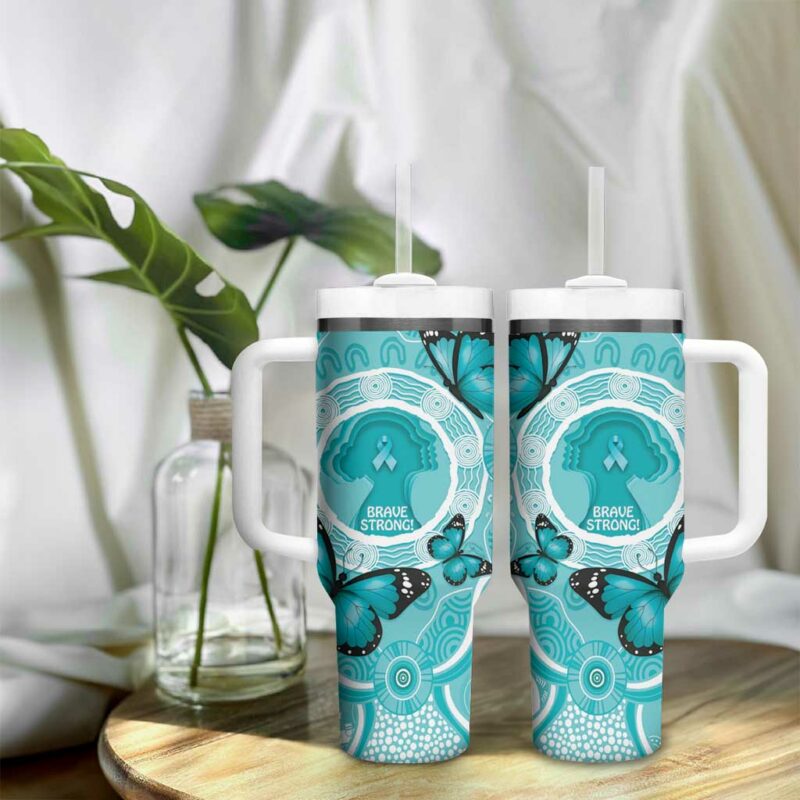 Australia Cervical Cancer Awareness Month Brave Strong Butterfly Aboriginal Art Custom Stanley Quencher 40oz Stainless Steel Tumbler With Handle - Threewoofs - Image 9