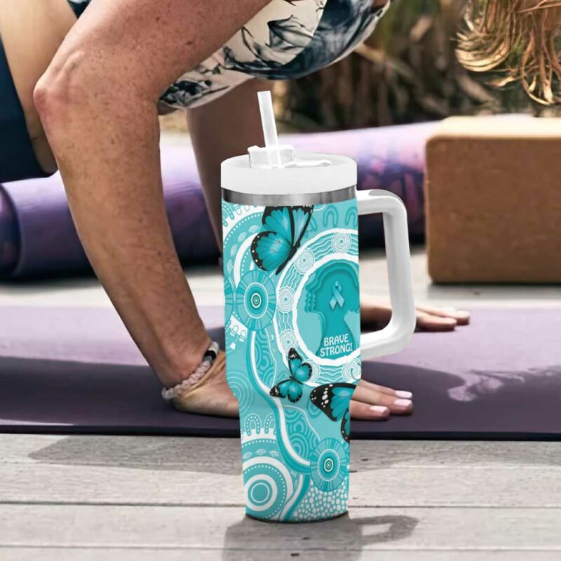 Australia Cervical Cancer Awareness Month Brave Strong Butterfly Aboriginal Art Custom Stanley Quencher 40oz Stainless Steel Tumbler With Handle - Threewoofs - Image 6