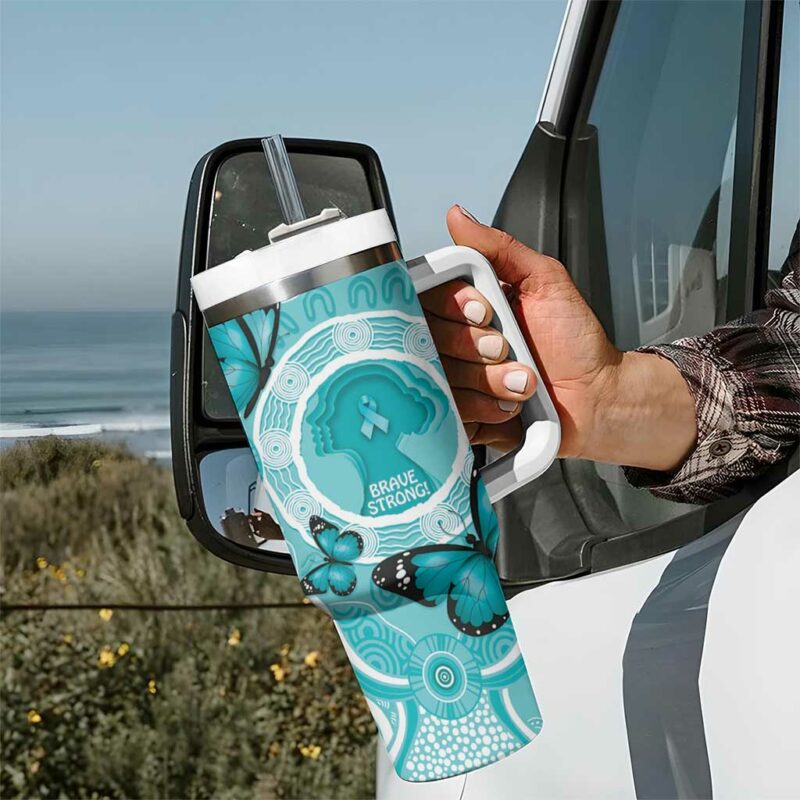 Australia Cervical Cancer Awareness Month Brave Strong Butterfly Aboriginal Art Custom Stanley Quencher 40oz Stainless Steel Tumbler With Handle - Threewoofs - Image 7