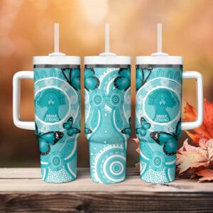 Australia Cervical Cancer Awareness Month Brave Strong Butterfly Aboriginal Art Custom Stanley Quencher 40oz Stainless Steel Tumbler With Handle - Threewoofs