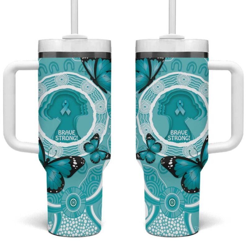 Australia Cervical Cancer Awareness Month Brave Strong Butterfly Aboriginal Art Custom Stanley Quencher 40oz Stainless Steel Tumbler With Handle - Threewoofs - Image 2