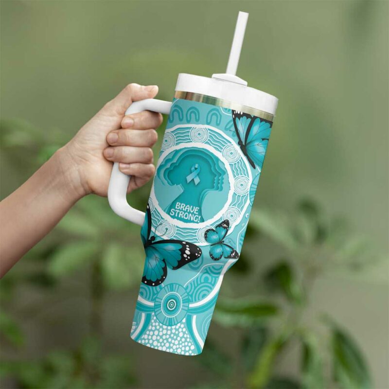 Australia Cervical Cancer Awareness Month Brave Strong Butterfly Aboriginal Art Custom Stanley Quencher 40oz Stainless Steel Tumbler With Handle - Threewoofs - Image 4