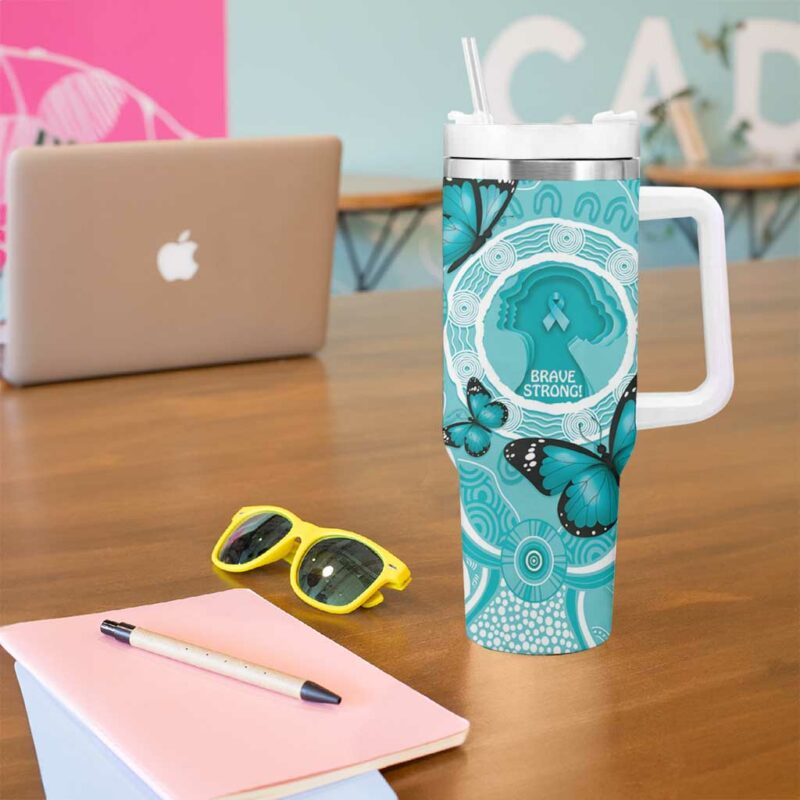 Australia Cervical Cancer Awareness Month Brave Strong Butterfly Aboriginal Art Custom Stanley Quencher 40oz Stainless Steel Tumbler With Handle - Threewoofs - Image 5