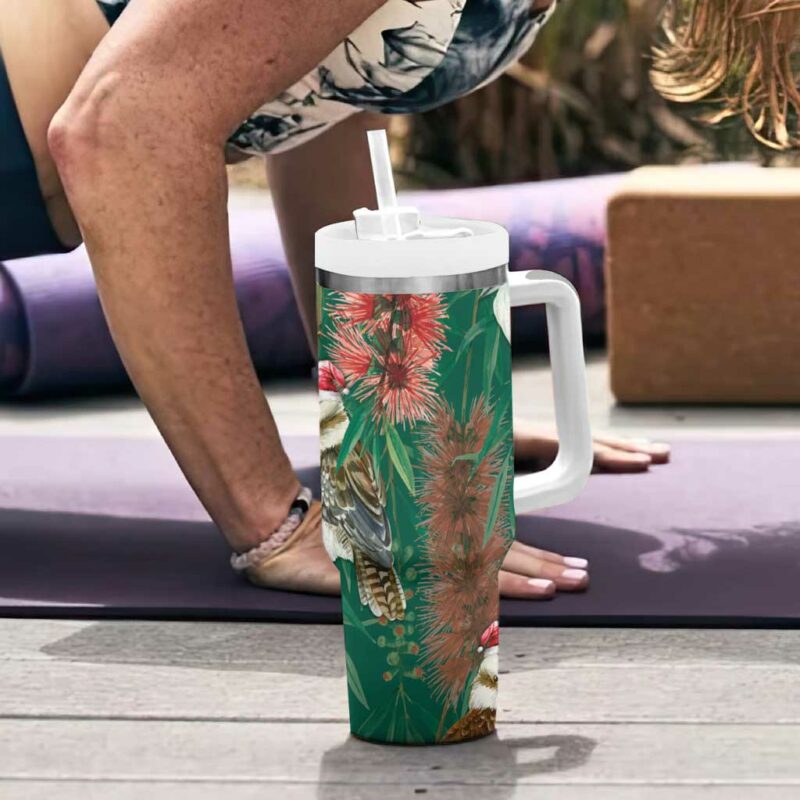 Australia Christmas Kookaburra Santa on Callistemon ‚Äì Forest Green Custom Stanley Quencher 40oz Stainless Steel Tumbler With Handle - Threewoofs - Image 6