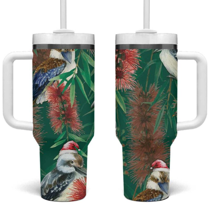 Australia Christmas Kookaburra Santa on Callistemon ‚Äì Forest Green Custom Stanley Quencher 40oz Stainless Steel Tumbler With Handle - Threewoofs - Image 2