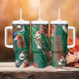 Australia Christmas Kookaburra Santa on Callistemon ‚Äì Forest Green Custom Stanley Quencher 40oz Stainless Steel Tumbler With Handle - Threewoofs