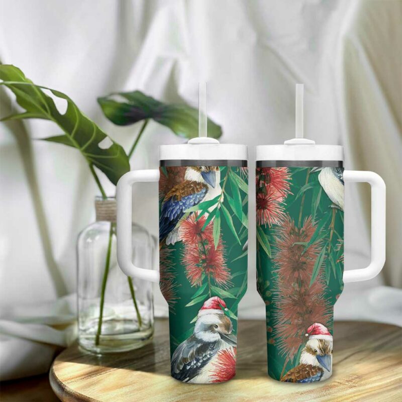 Australia Christmas Kookaburra Santa on Callistemon ‚Äì Forest Green Custom Stanley Quencher 40oz Stainless Steel Tumbler With Handle - Threewoofs - Image 9