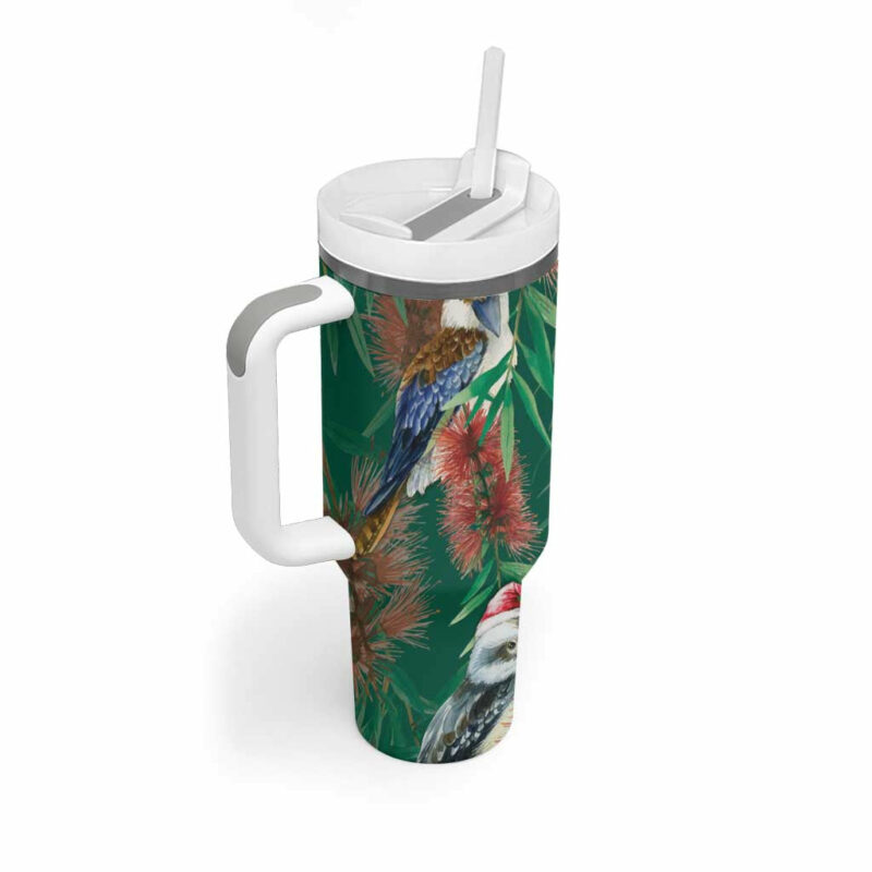 Australia Christmas Kookaburra Santa on Callistemon ‚Äì Forest Green Custom Stanley Quencher 40oz Stainless Steel Tumbler With Handle - Threewoofs - Image 3