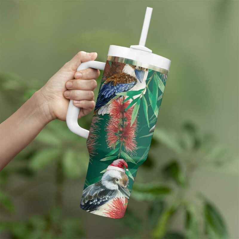 Australia Christmas Kookaburra Santa on Callistemon ‚Äì Forest Green Custom Stanley Quencher 40oz Stainless Steel Tumbler With Handle - Threewoofs - Image 4