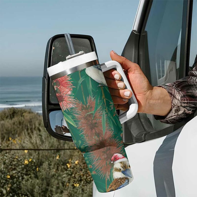 Australia Christmas Kookaburra Santa on Callistemon ‚Äì Forest Green Custom Stanley Quencher 40oz Stainless Steel Tumbler With Handle - Threewoofs - Image 7