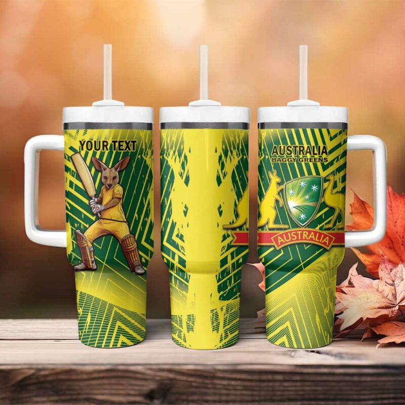 Australia Cricket Aussie Baggy Greens ‚Äì Kangaroo Mascot Style Custom Stanley Quencher 40oz Stainless Steel Tumbler With Handle - Threewoofs