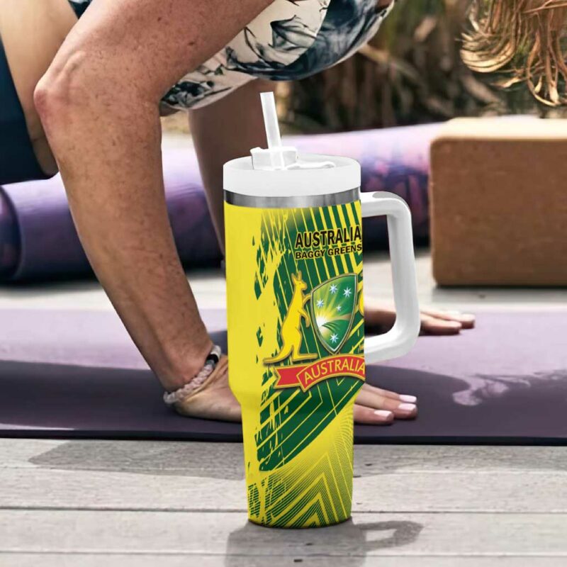 Australia Cricket Aussie Baggy Greens ‚Äì Kangaroo Mascot Style Custom Stanley Quencher 40oz Stainless Steel Tumbler With Handle - Threewoofs - Image 6